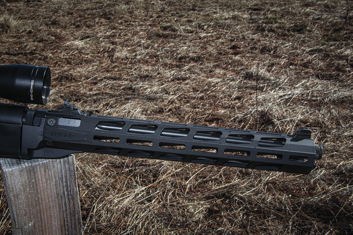 Ruger’s PC Carbine includes a milled-aluminum handguard with M-LOK slots to accept compatible accessories. It is Type III hard anodized for durability and results in a fully-floated barrel, which sits in the uppermost portion of the shroud to move the hand away from a hot barrel.